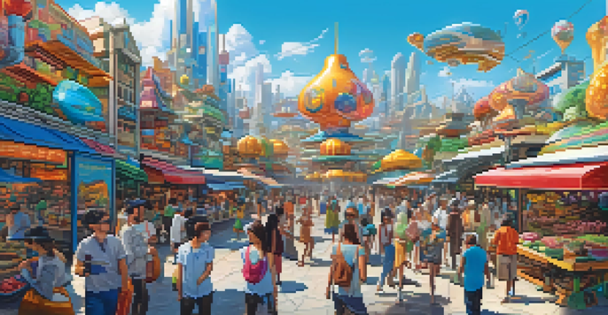 A lively digital marketplace with avatars trading parcels of land, colorful art, and futuristic buildings, set under a clear blue sky.