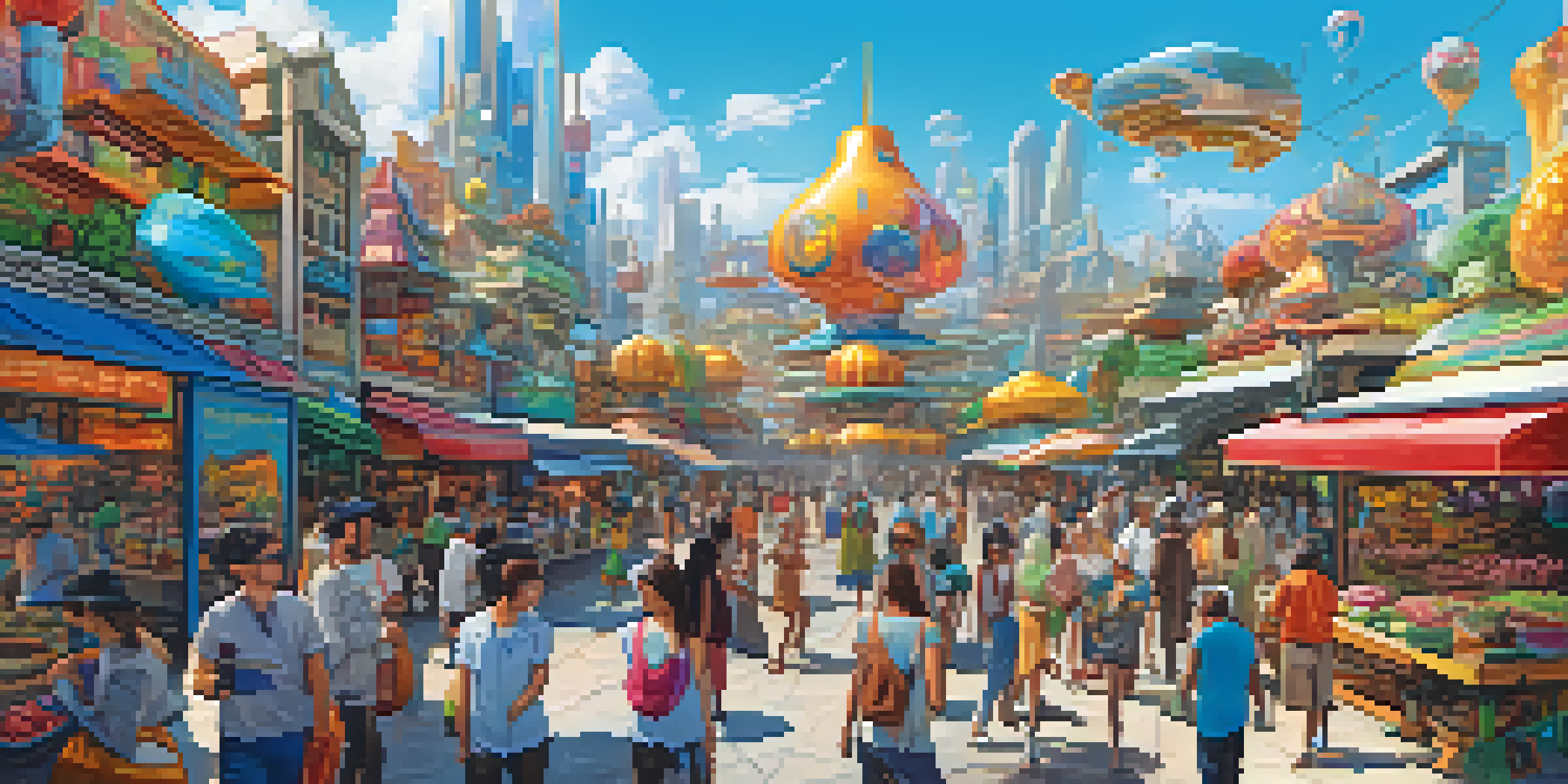 A lively digital marketplace with avatars trading parcels of land, colorful art, and futuristic buildings, set under a clear blue sky.