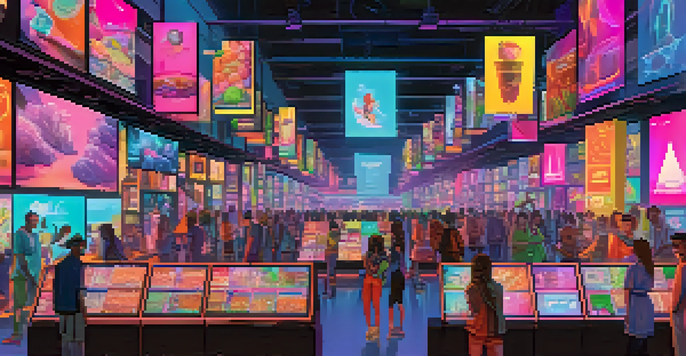 A lively digital marketplace showcasing different screens with colorful NFTs and diverse avatars interacting in a vibrant environment.