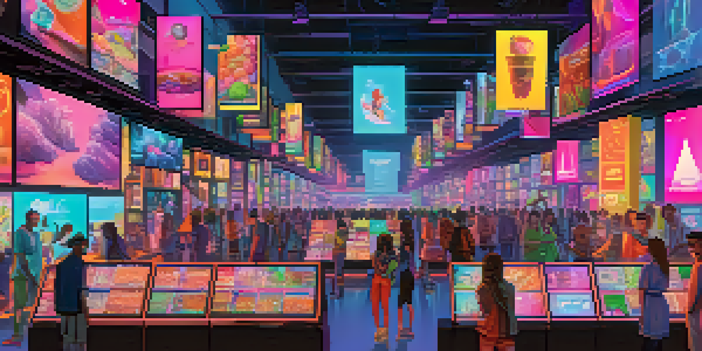 A lively digital marketplace showcasing different screens with colorful NFTs and diverse avatars interacting in a vibrant environment.
