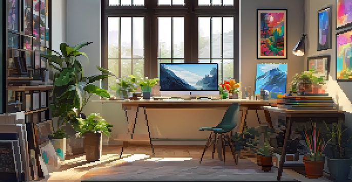 A modern artist's workspace with a computer showing vibrant NFT artworks, natural light, and art supplies.