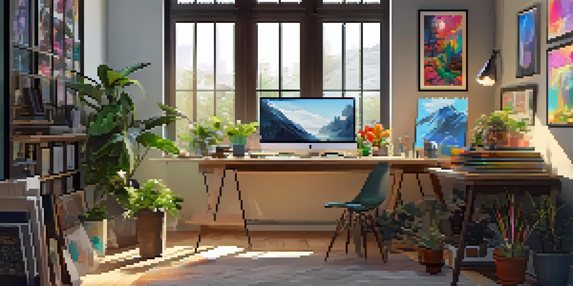 A modern artist's workspace with a computer showing vibrant NFT artworks, natural light, and art supplies.