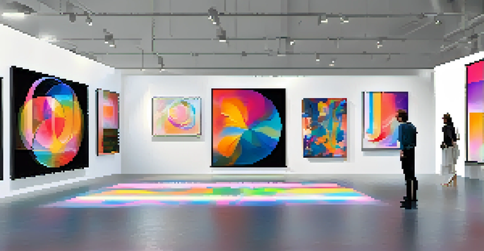 A modern art gallery filled with colorful digital artworks representing NFTs, illuminated by soft lighting.