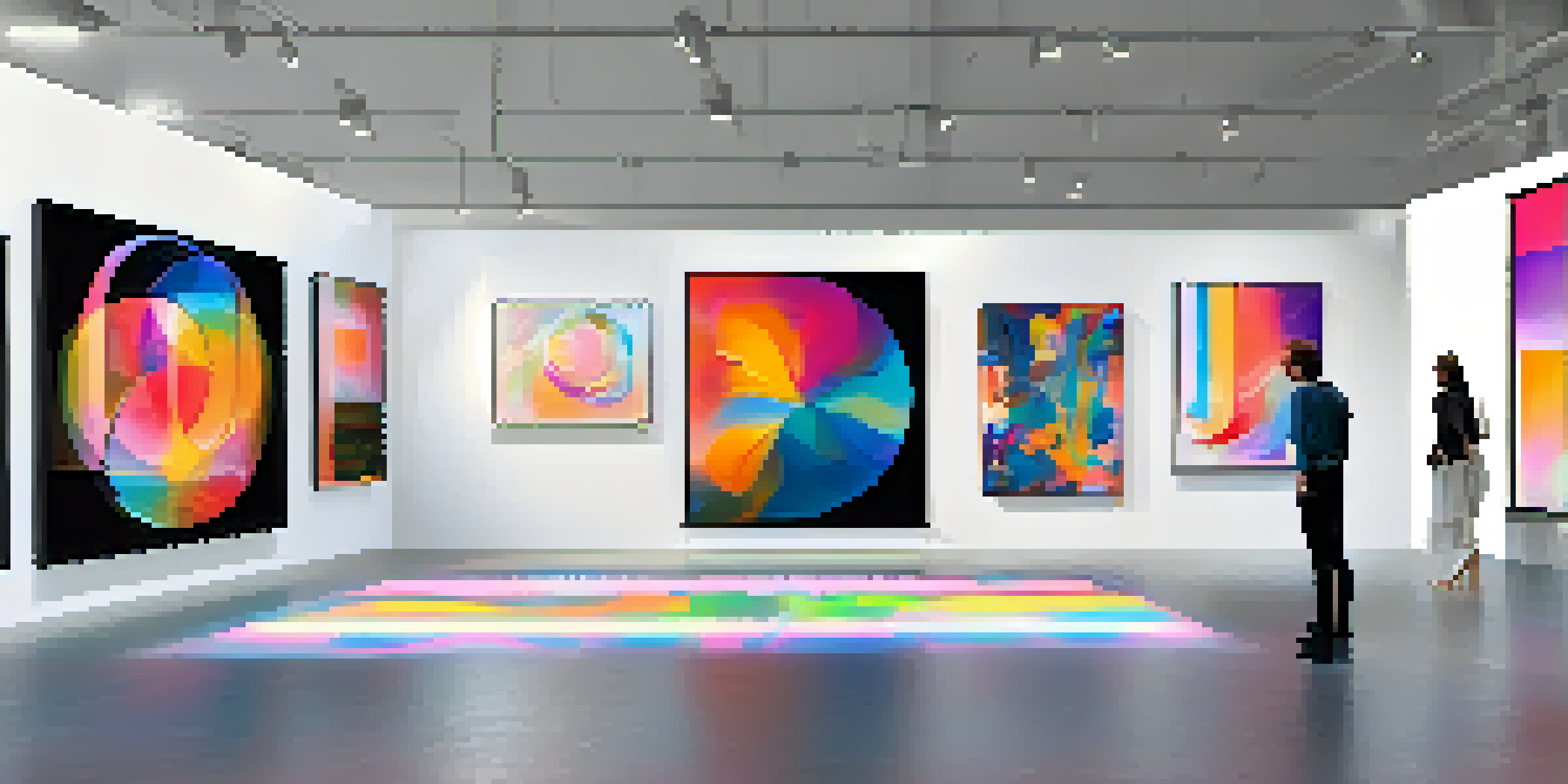 A modern art gallery filled with colorful digital artworks representing NFTs, illuminated by soft lighting.