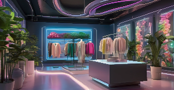 A modern fashion boutique featuring both digital and traditional clothing, with bright lights and eco-friendly decor.