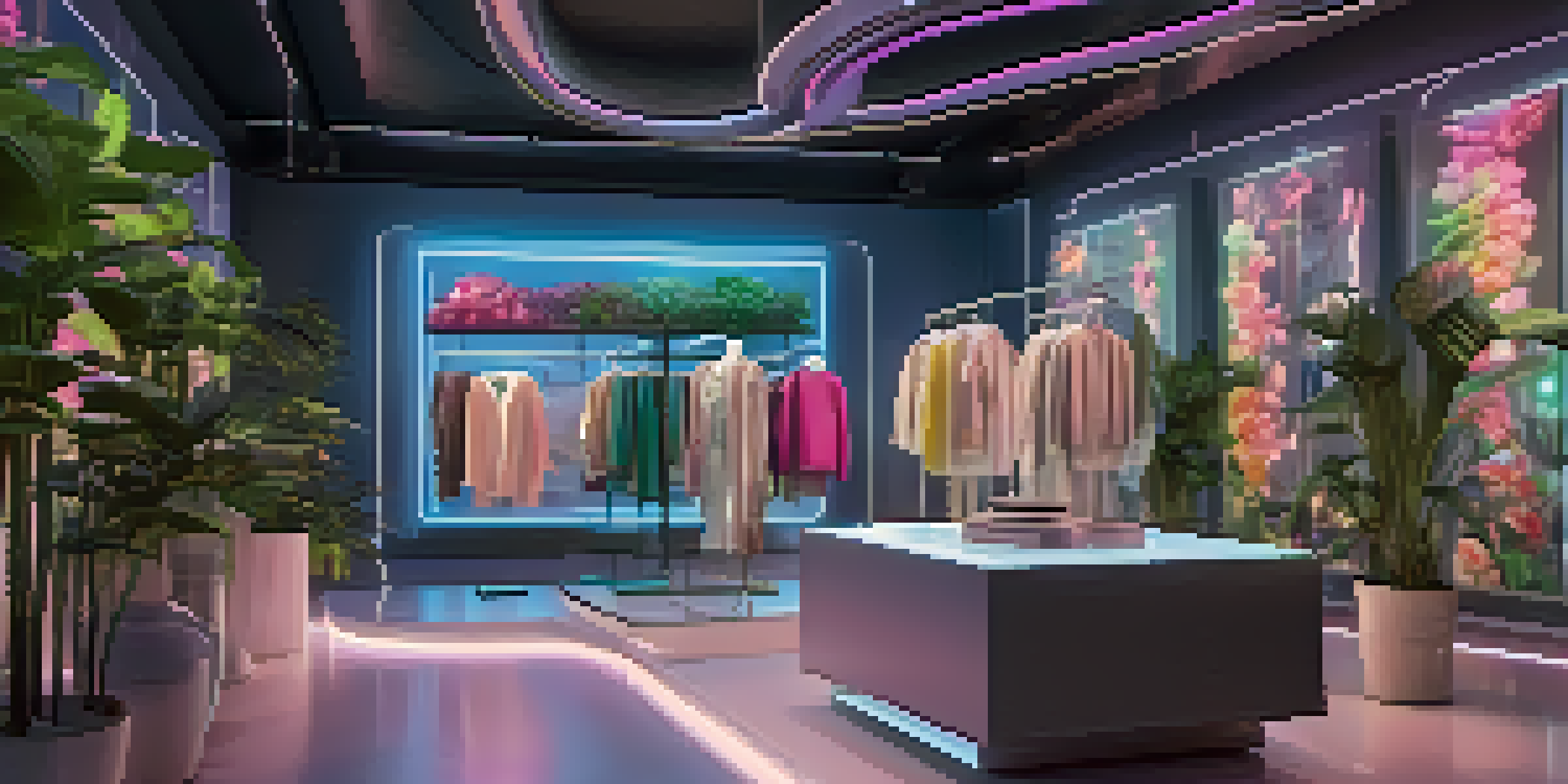 A modern fashion boutique featuring both digital and traditional clothing, with bright lights and eco-friendly decor.