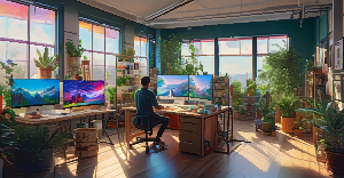 A digital artist in a bright, modern studio with colorful artworks and screens showcasing NFTs, surrounded by plants and art supplies.