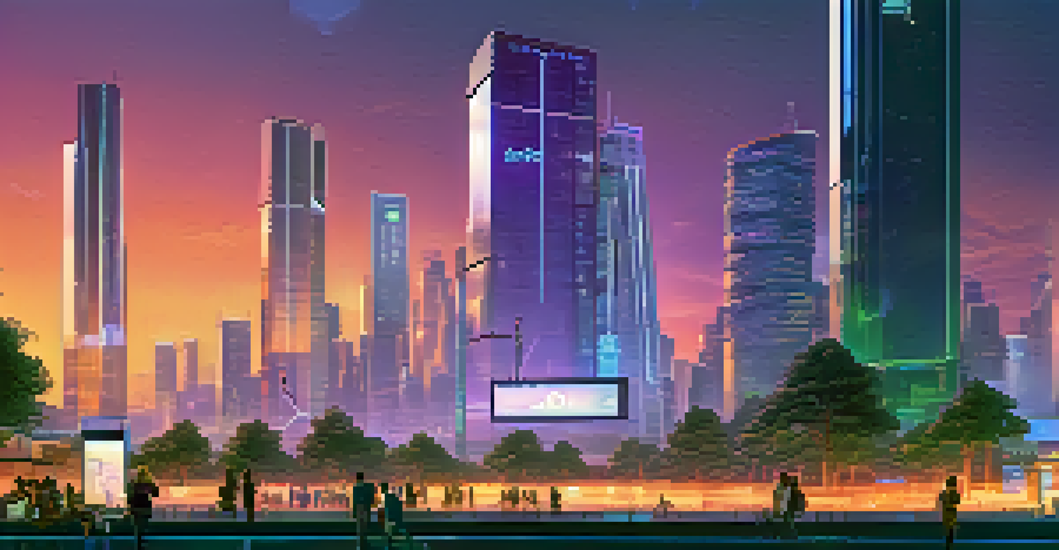 A futuristic cityscape at dusk with animated NFTs on digital billboards, people wearing AR glasses, and a vibrant skyline illuminated by neon lights.