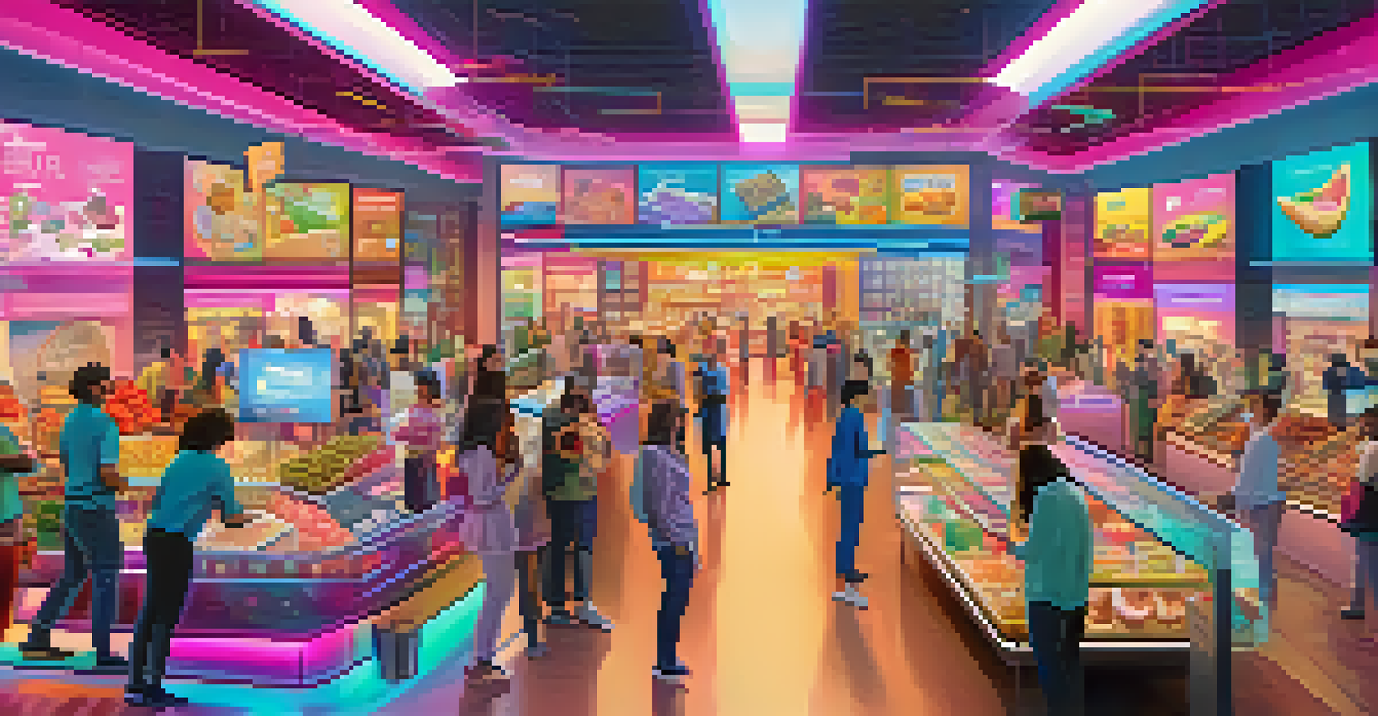 A vibrant digital marketplace with avatars buying and selling NFTs linked to digital twins of assets, showcasing a lively atmosphere.