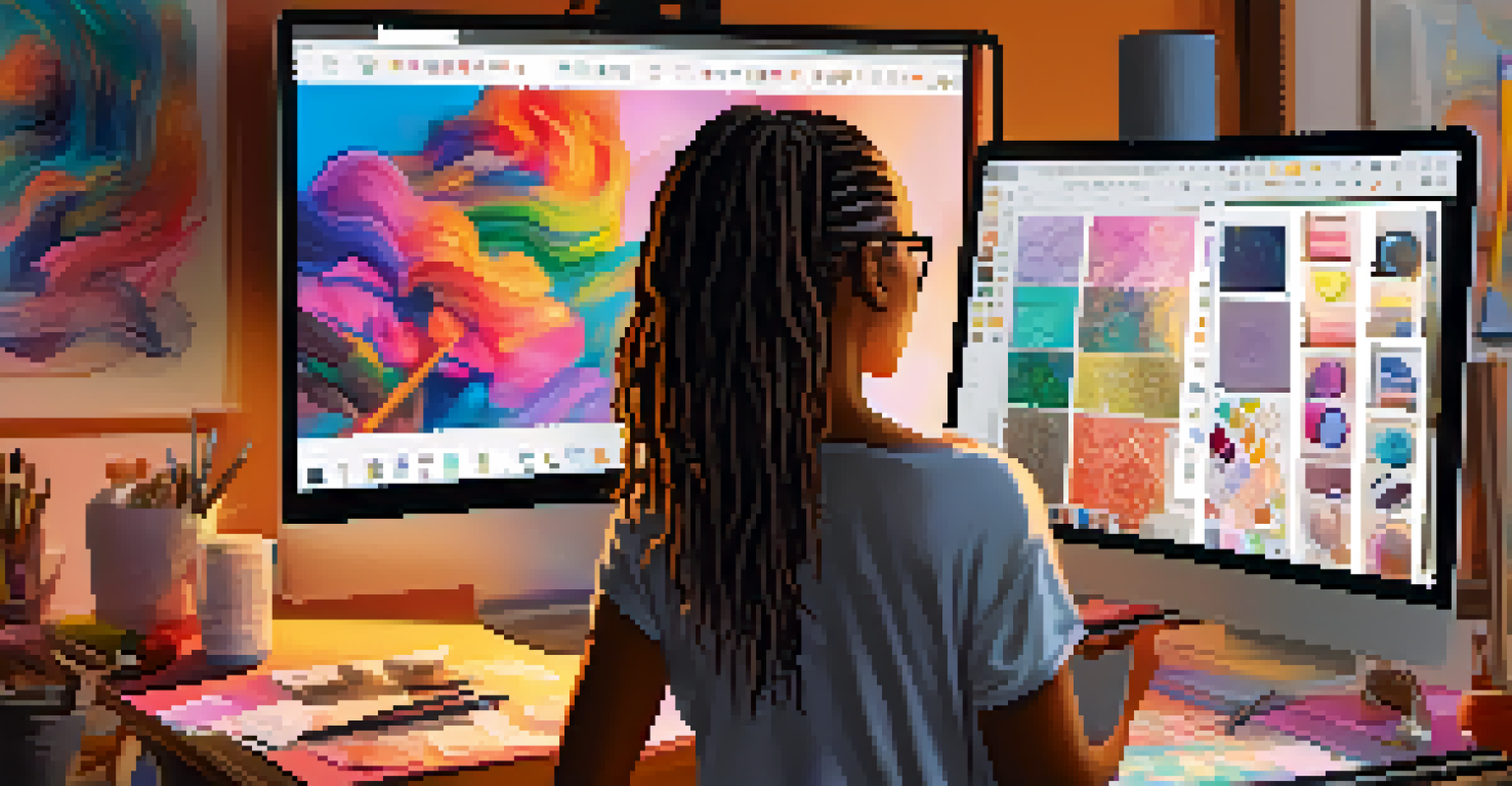 A female digital artist creating an NFT on a tablet, surrounded by art supplies and colorful sketches, with cultural artifacts in the background.