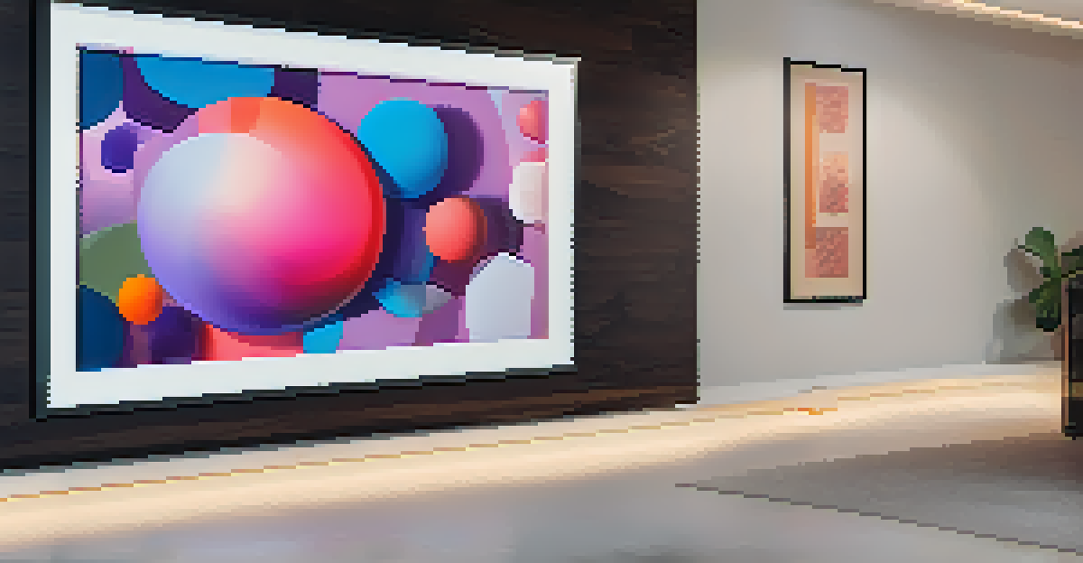 A close-up of a vibrant abstract digital artwork framed on the wall, accompanied by a digital token indicating its NFT ownership.