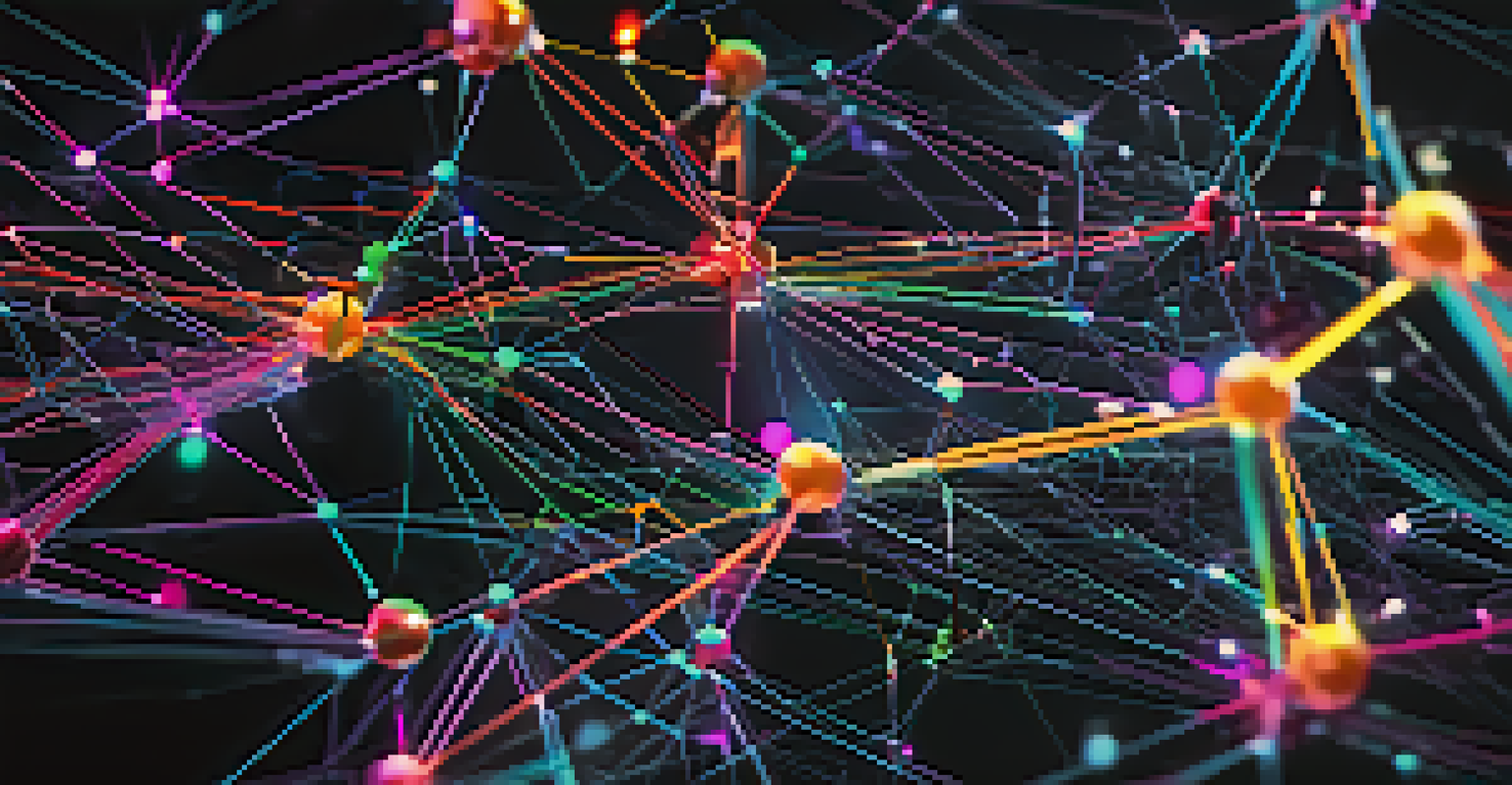 A close-up view of a blockchain network visualization with interconnected nodes and vibrant colors on a dark background.