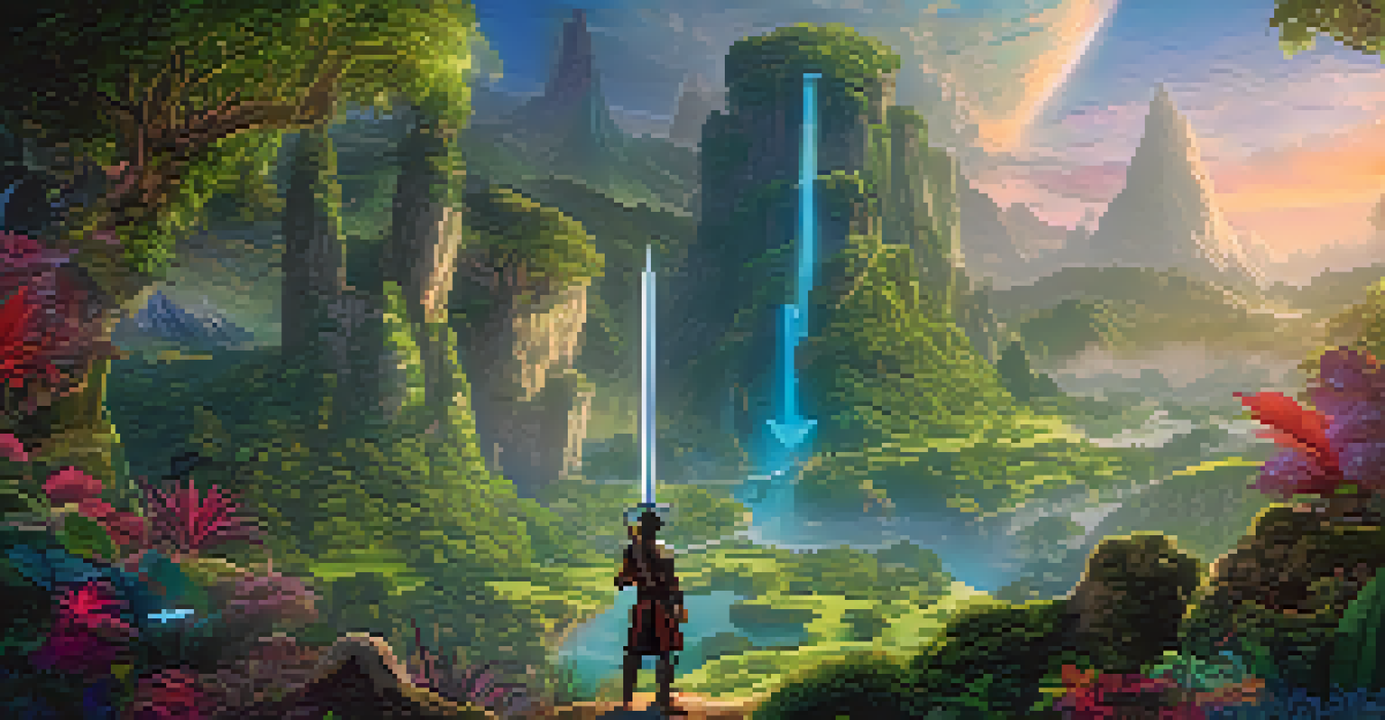 A fantasy landscape with a player holding a legendary sword NFT amidst mythical creatures and lush greenery.
