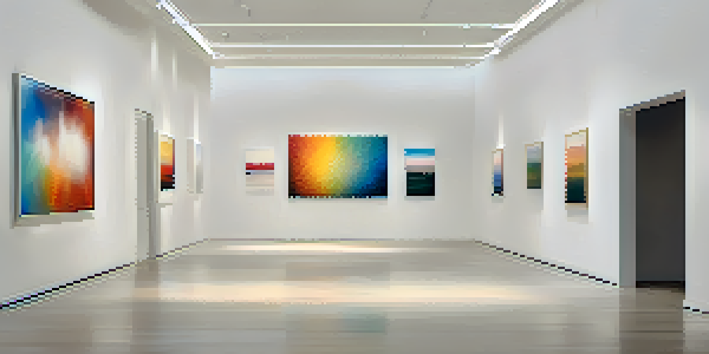 A calm art gallery with colorful NFT artworks displayed on minimalist walls, illuminated by soft lighting, and viewers admiring the pieces.