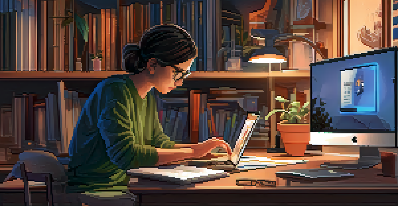 A person in a cozy home office analyzing an NFT on their laptop, surrounded by books and digital devices.