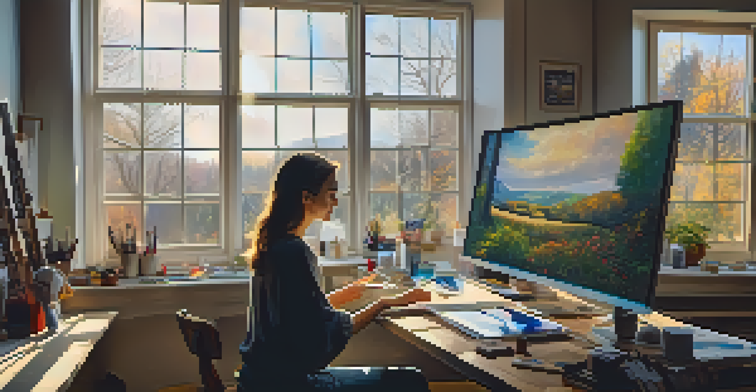 An artist in a studio working on a blend of traditional and digital art, surrounded by colorful materials and natural light.