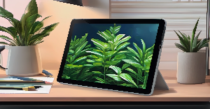 A tablet displaying a colorful digital artwork in a cozy workspace with plants and art supplies.