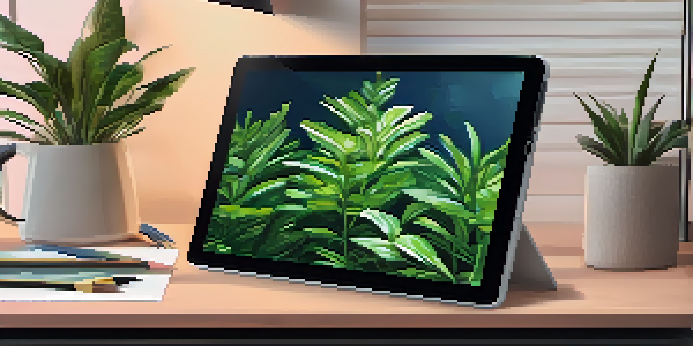 A tablet displaying a colorful digital artwork in a cozy workspace with plants and art supplies.