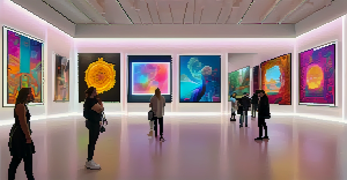 A digital gallery filled with colorful digital artworks, displaying NFTs on modern screens with people admiring the art.