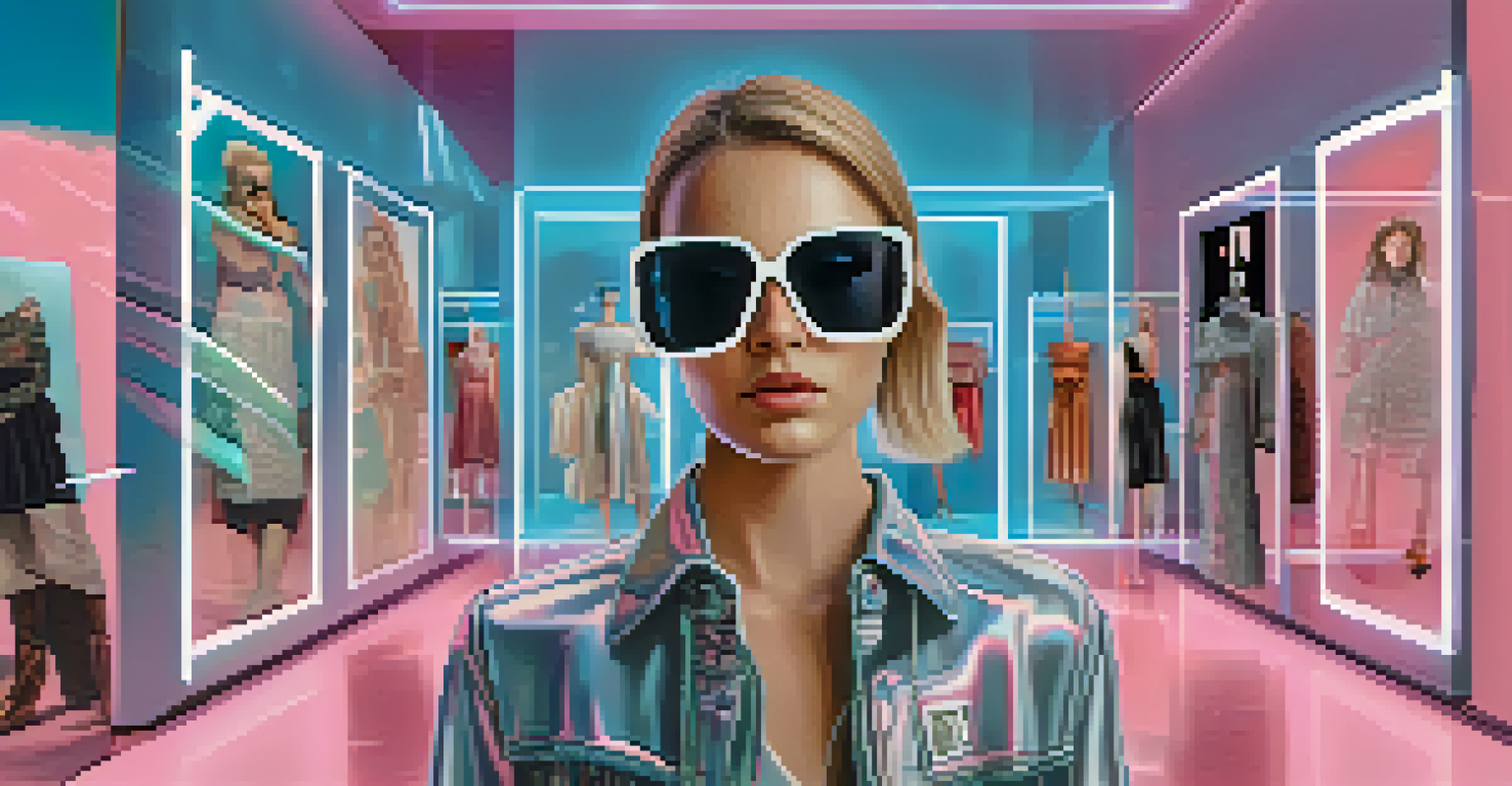 A young person using augmented reality glasses to interact with virtual clothing and NFT purchase options.