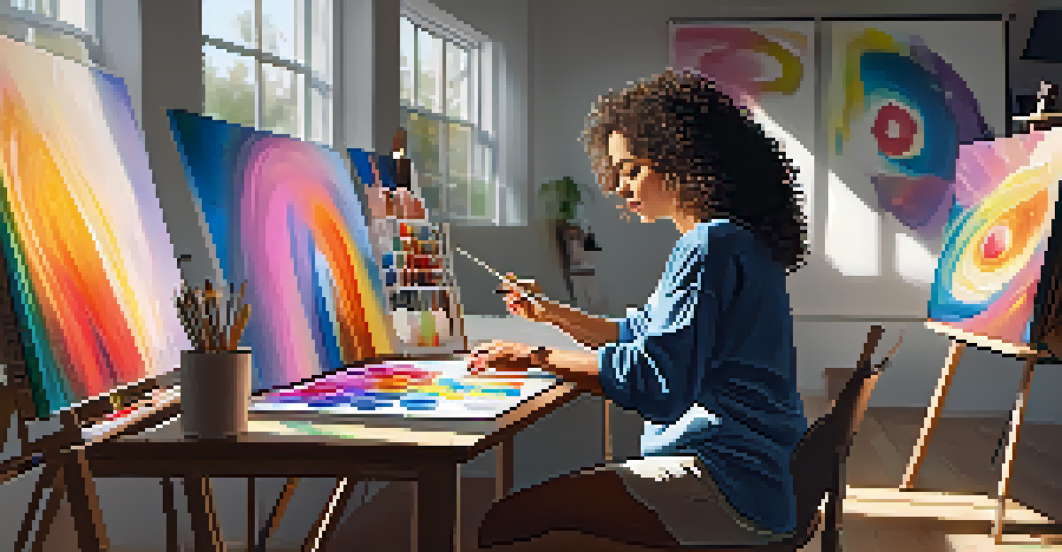 An artist painting in her studio, surrounded by canvases and digital screens showcasing NFTs, with sunlight streaming in.