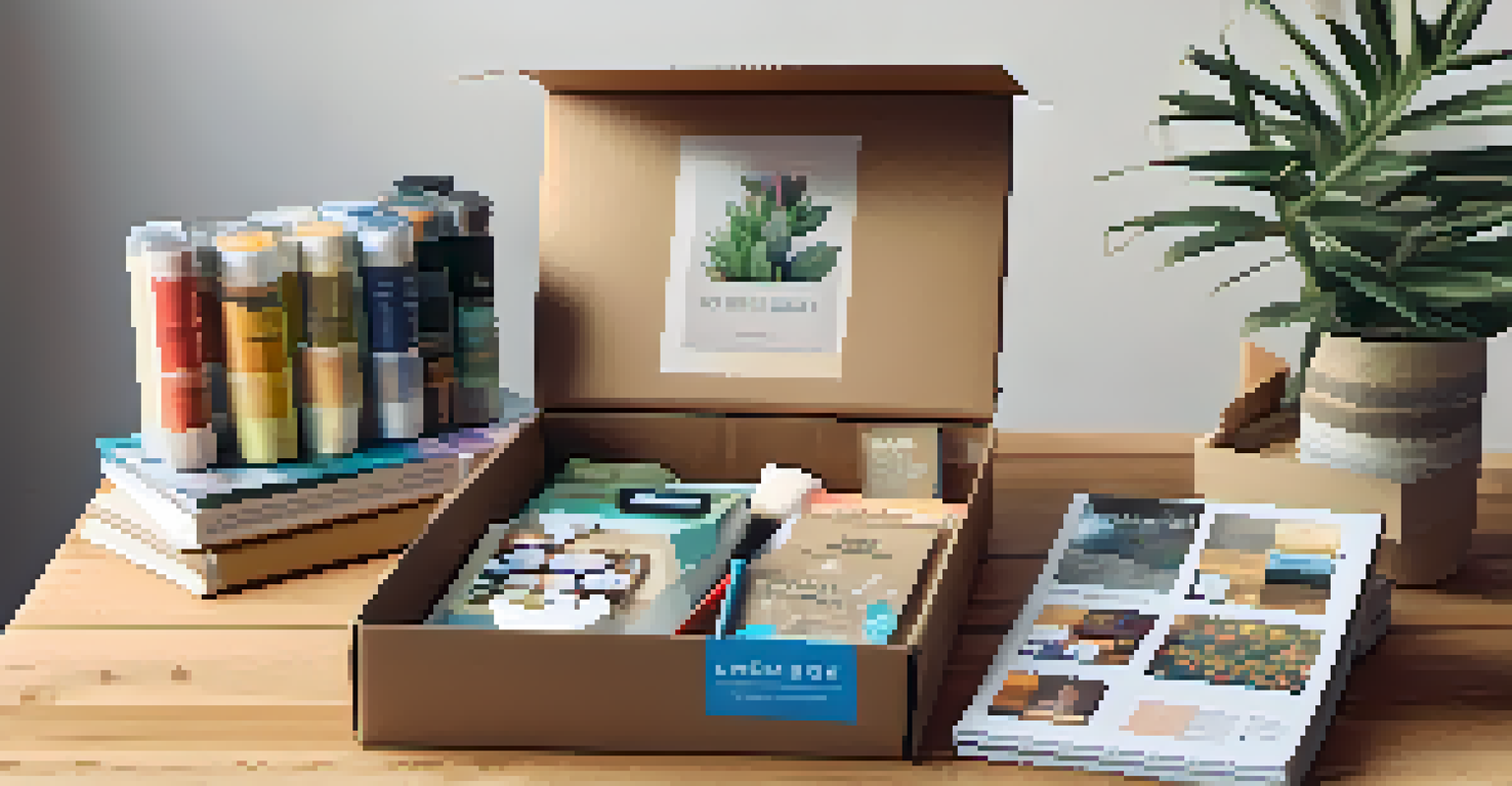A cozy subscription box on a wooden table, filled with art supplies, magazines, and digital access cards.