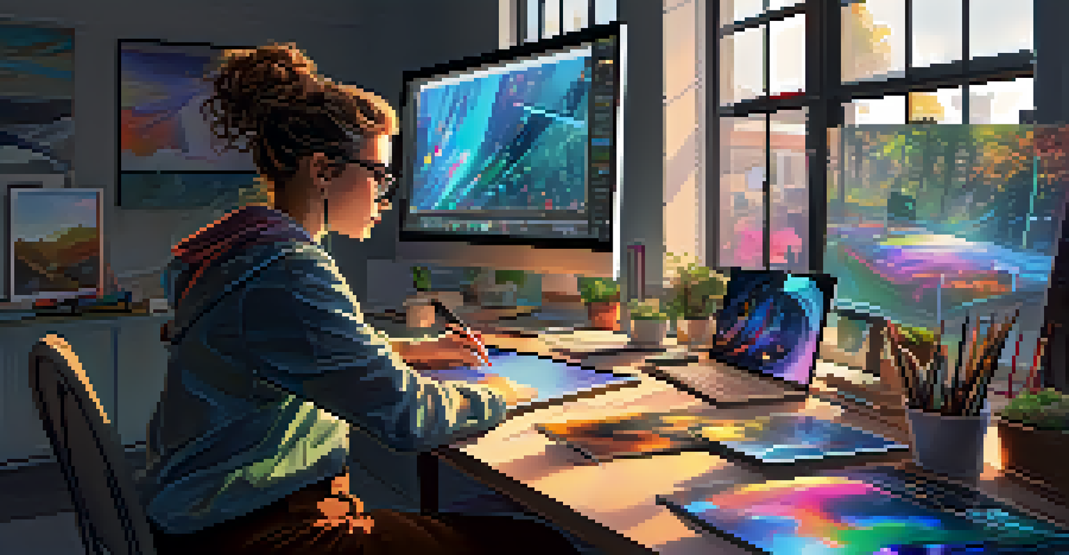 An artist creating NFT artwork at a workstation, surrounded by digital tools and natural sunlight.