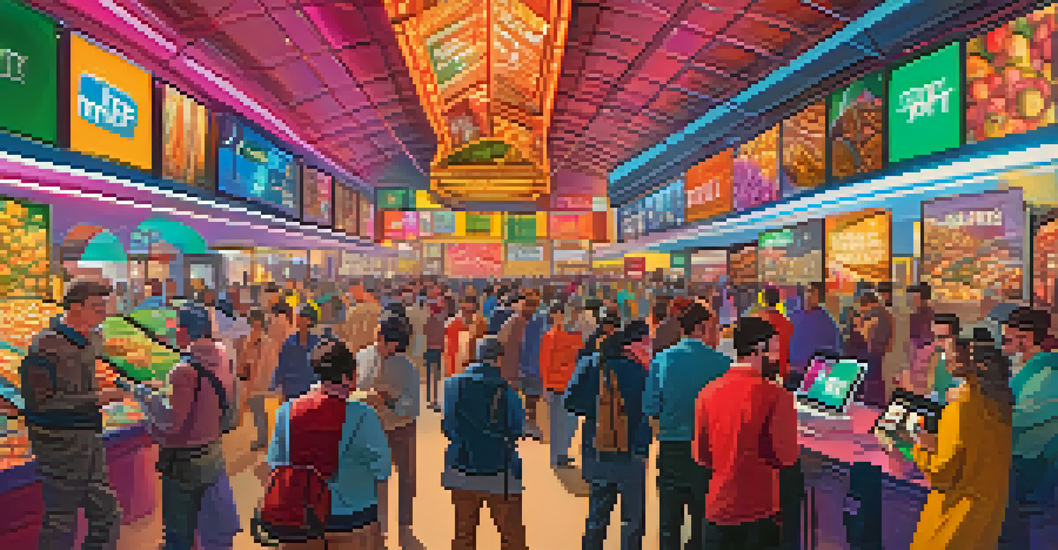 A lively NFT auction scene with diverse bidders and a screen displaying auction items, capturing the excitement of the market.