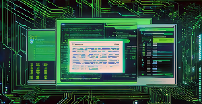 A close-up of a digital smart contract with code and graphics, set against a background of blockchain technology and intellectual property symbols.