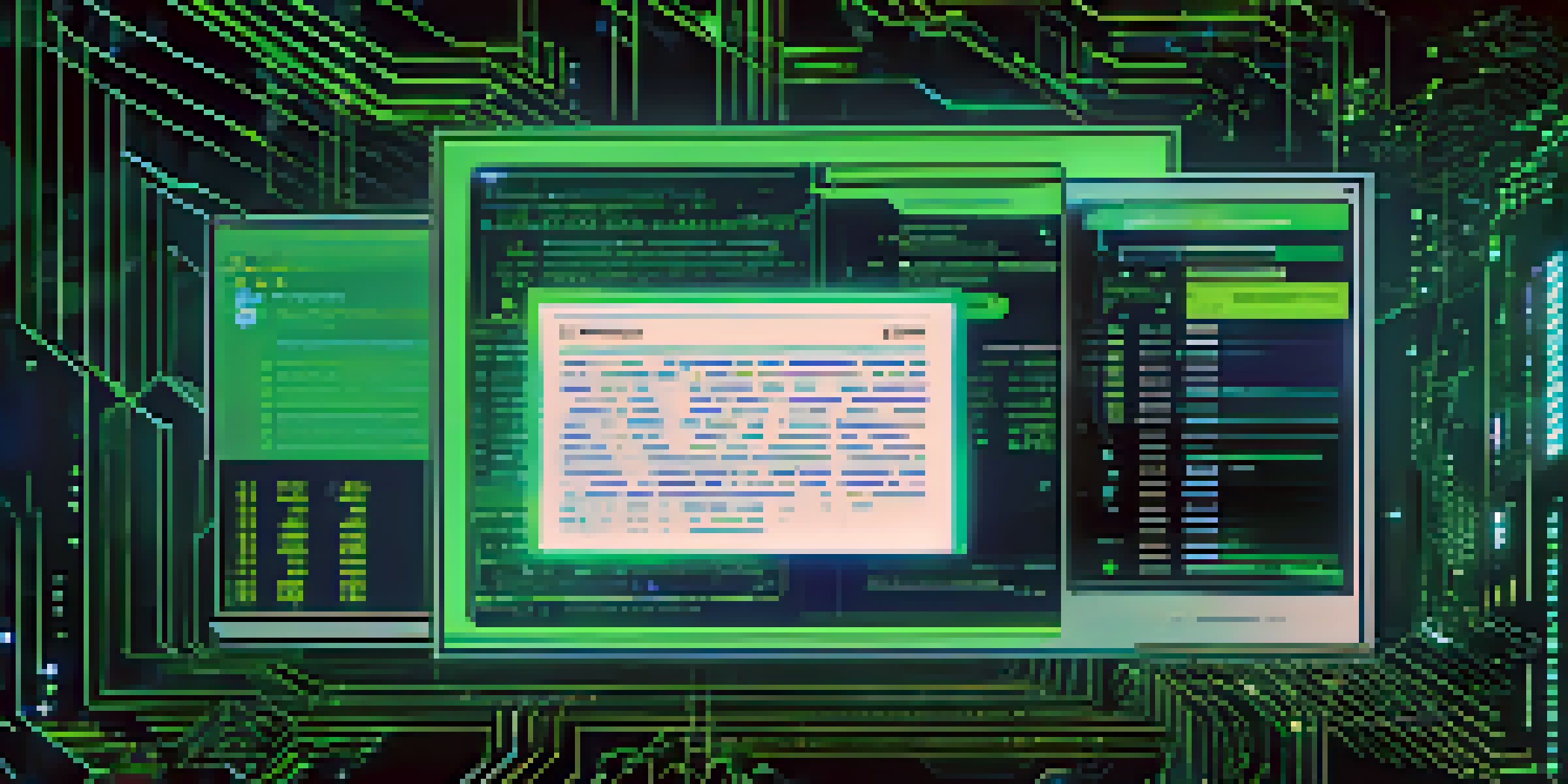 A close-up of a digital smart contract with code and graphics, set against a background of blockchain technology and intellectual property symbols.