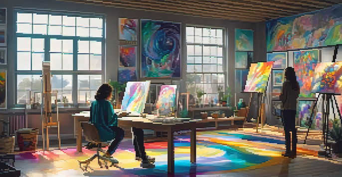 A digital art studio with an artist working on an NFT piece, surrounded by colorful artwork and natural light.