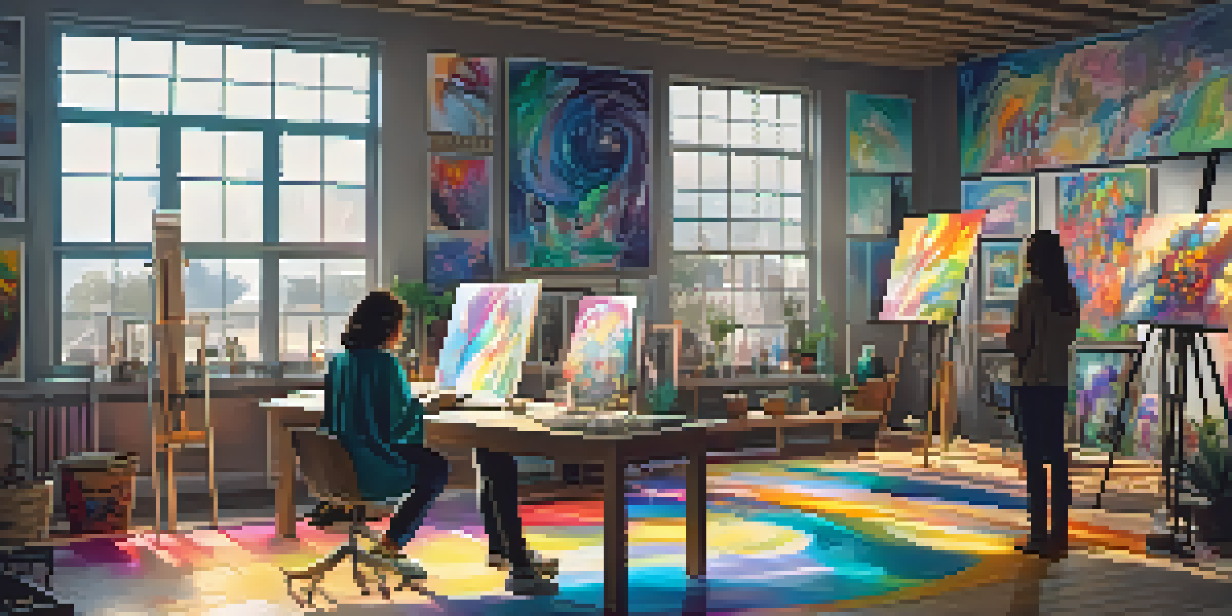 A digital art studio with an artist working on an NFT piece, surrounded by colorful artwork and natural light.