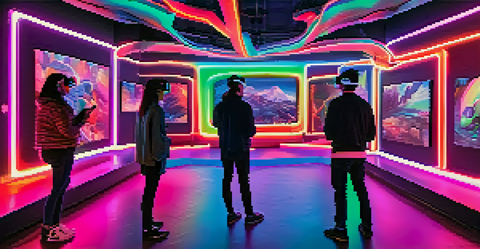 A futuristic virtual reality art exhibit with visitors wearing VR headsets, surrounded by colorful 3D NFT artworks in a neon-lit environment.