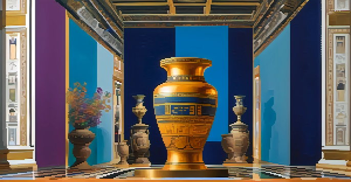 A digital artwork showing an ancient vase in a modern gallery, with screens displaying NFT details and a colorful background.