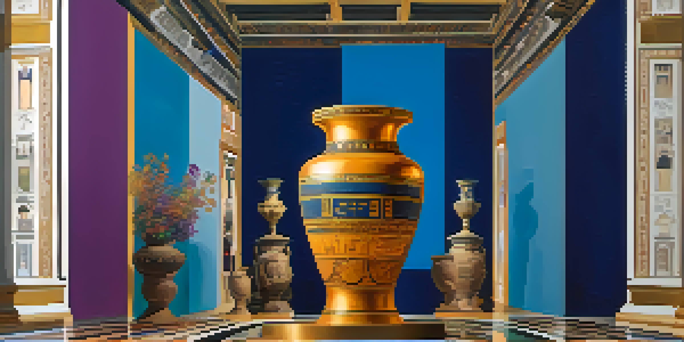 A digital artwork showing an ancient vase in a modern gallery, with screens displaying NFT details and a colorful background.