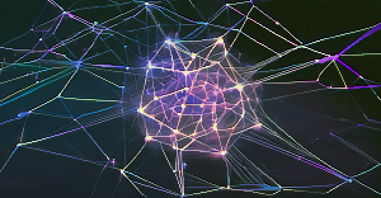 An abstract digital network with glowing nodes and lines representing online profiles, with floating shapes symbolizing NFTs.