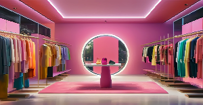 A colorful digital fashion boutique with clothing racks and a virtual fitting room.