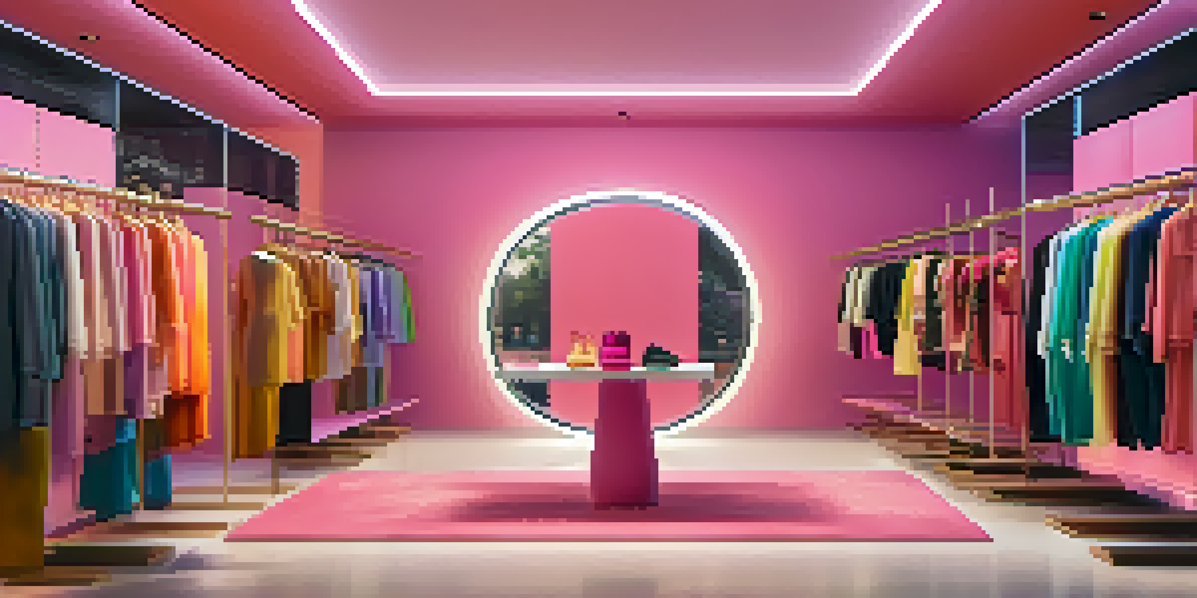 A colorful digital fashion boutique with clothing racks and a virtual fitting room.