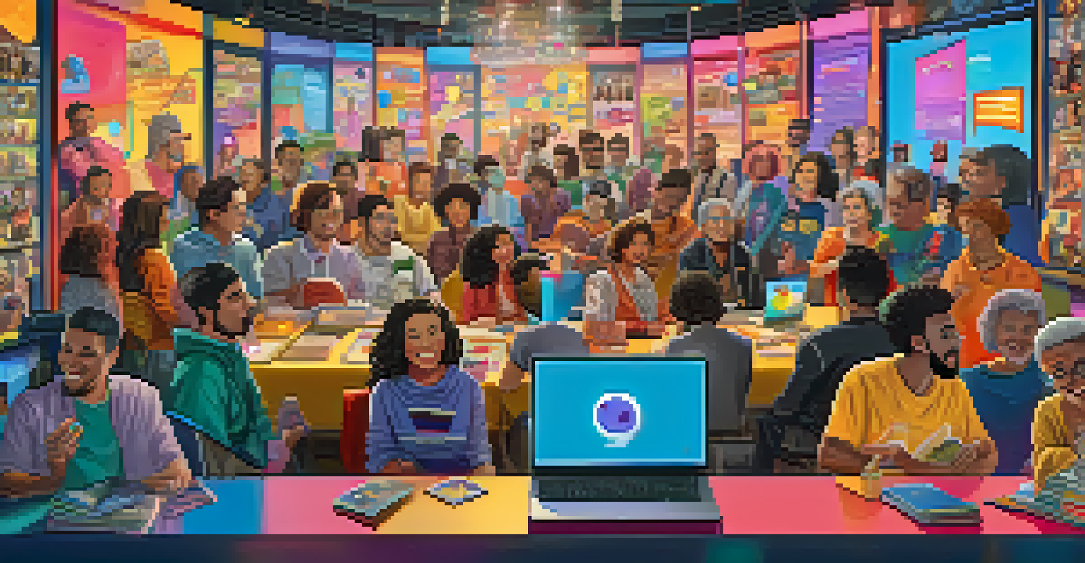An online community forum filled with diverse avatars discussing NFTs, with colorful banners and chat bubbles.