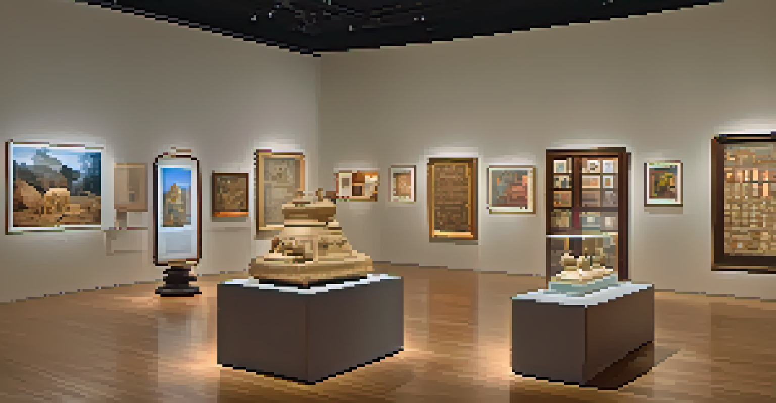 A virtual gallery filled with colorful NFTs of historical artifacts, with visitors admiring the displays under soft lighting.