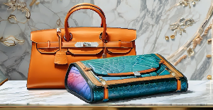 A close-up of a luxury handbag with a digital NFT certificate on a marble surface, showcasing the handbag's details and textures.
