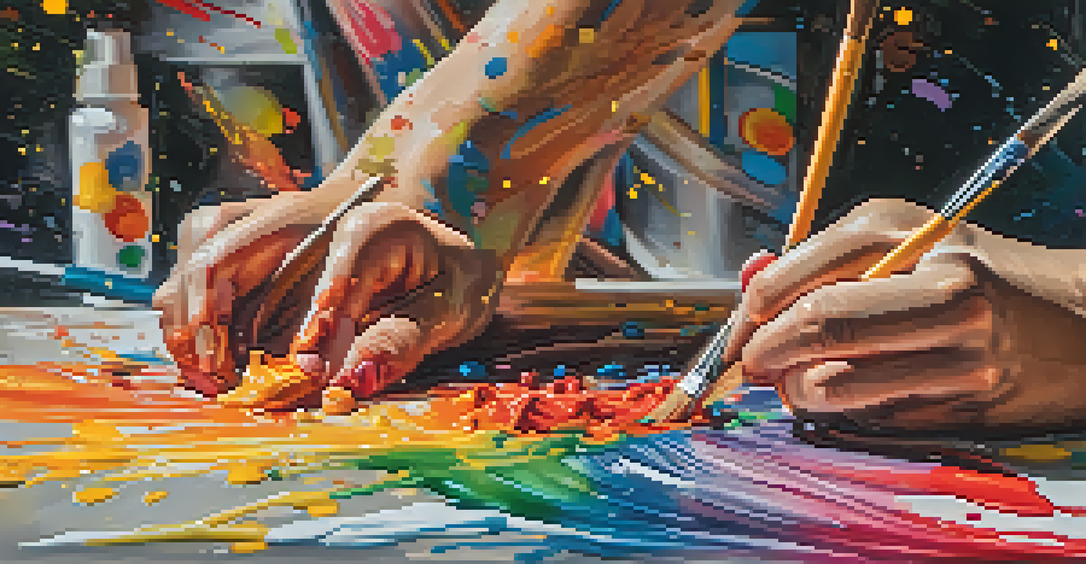 An artist's hand painting on a canvas with colorful paint splatters in the background.