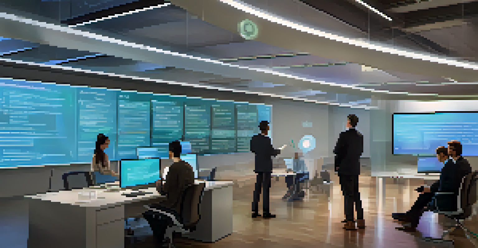 A futuristic digital ledger representing smart contracts in a modern office, with diverse individuals collaborating.