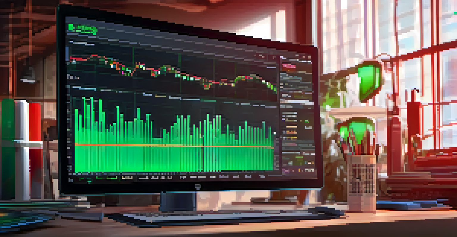 A close-up of a computer screen showing a fluctuating NFT market graph, surrounded by NFT-related materials on a desk.