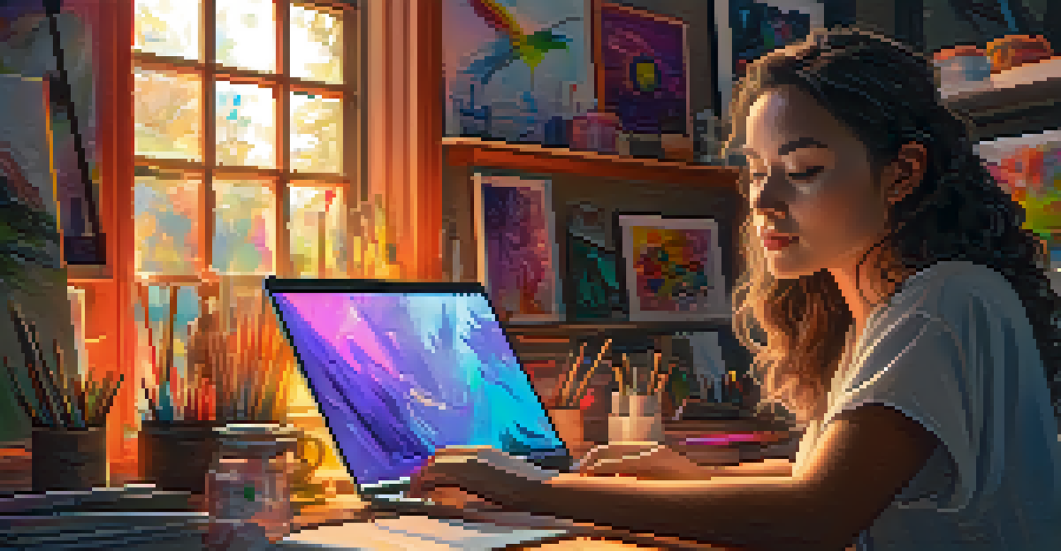 An artist in a cozy studio focused on creating an NFT artwork with colorful supplies and digital screens around.
