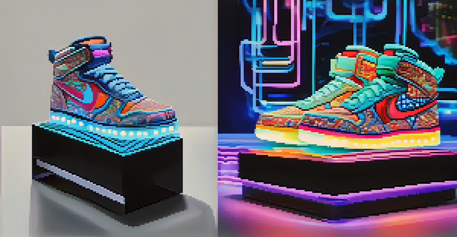 A digital sneaker showcased on a glowing circuit pedestal, with holographic images of other sneaker designs around it, highlighting digital fashion.