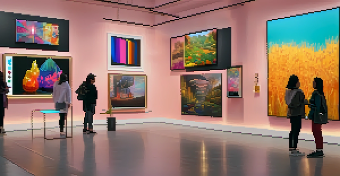 A digital art gallery displaying a variety of NFTs with visitors admiring the colorful artworks.