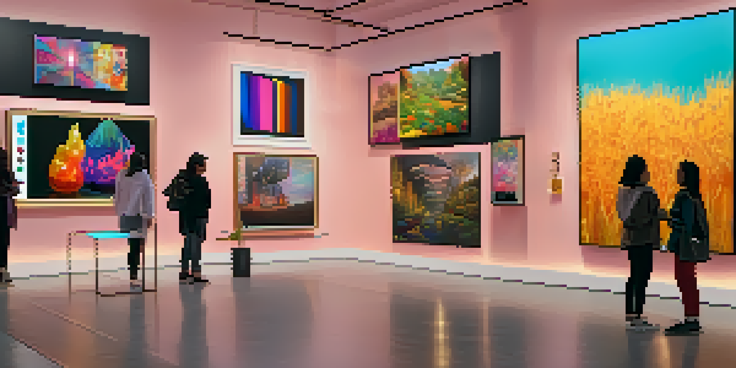 A digital art gallery displaying a variety of NFTs with visitors admiring the colorful artworks.