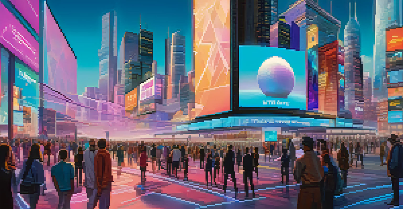 A vibrant futuristic city marketplace with holographic displays of NFTs, showcasing diverse characters trading digital assets against a modern skyline.