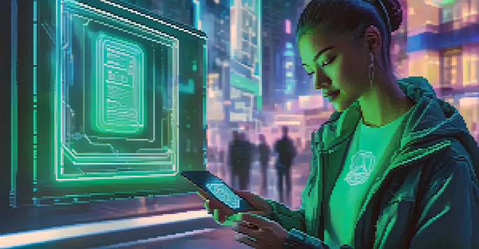 A person in a modern city holding a glowing NFT card surrounded by holographic displays, representing digital identity verification.